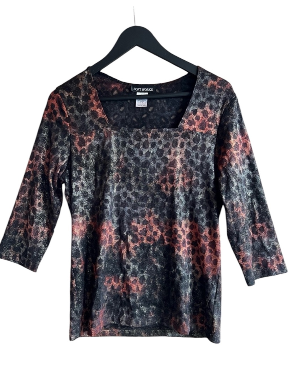 Soft Works Leopard Print Square Neck Top Sheer Stretch Knit 3/4 Sleeve Large Y2K
